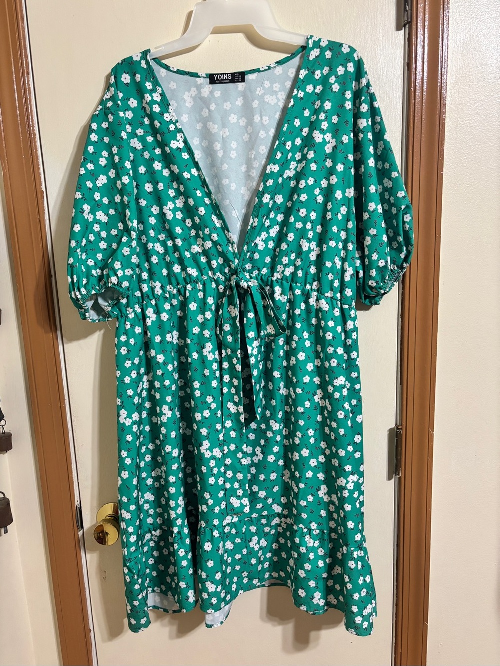 YOINS Green Floral Tie-Front Midi Dress
